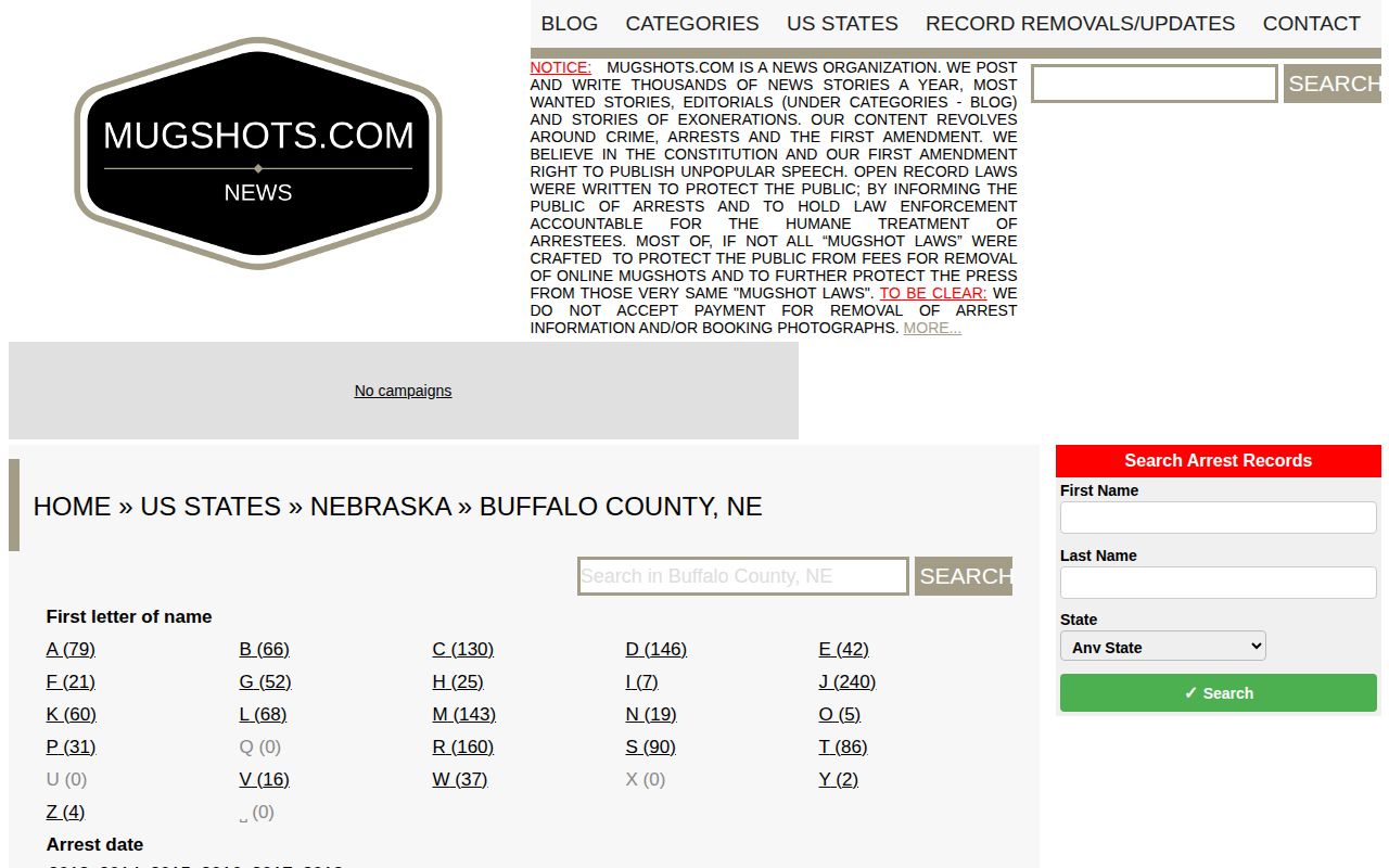 Buffalo County unofficial Mugshots.com directory source page