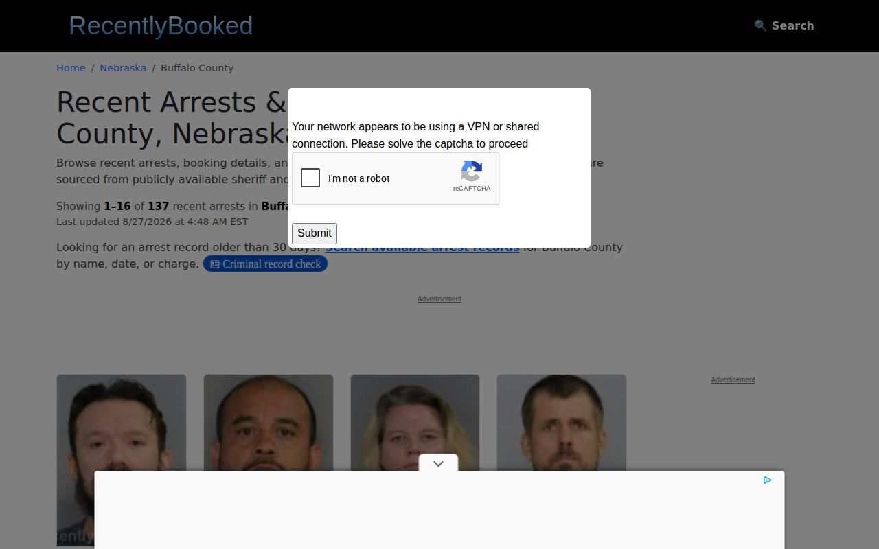 Buffalo County unofficial RecentlyBooked arrest index source page